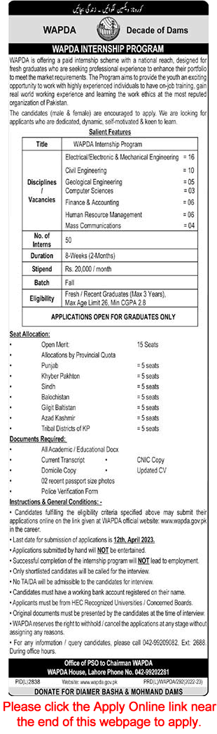 WAPDA Internships April 2023 Apply Online Water and Power Development Authority Jobs Latest