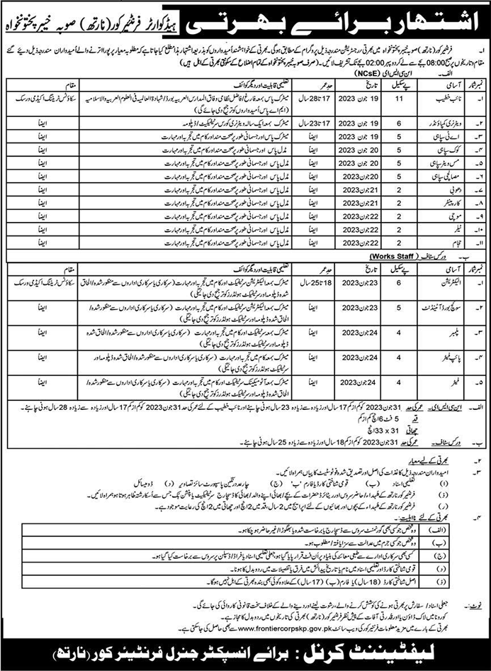 Frontier Corps KPK Jobs April 2023 Naib Khateeb, Sipahi Cook, Waiter & Others Pakistan Army Latest