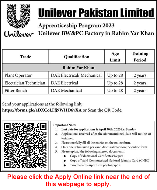 Unilever Pakistan Limited Apprenticeship Program 2023 April Apply Online Latest