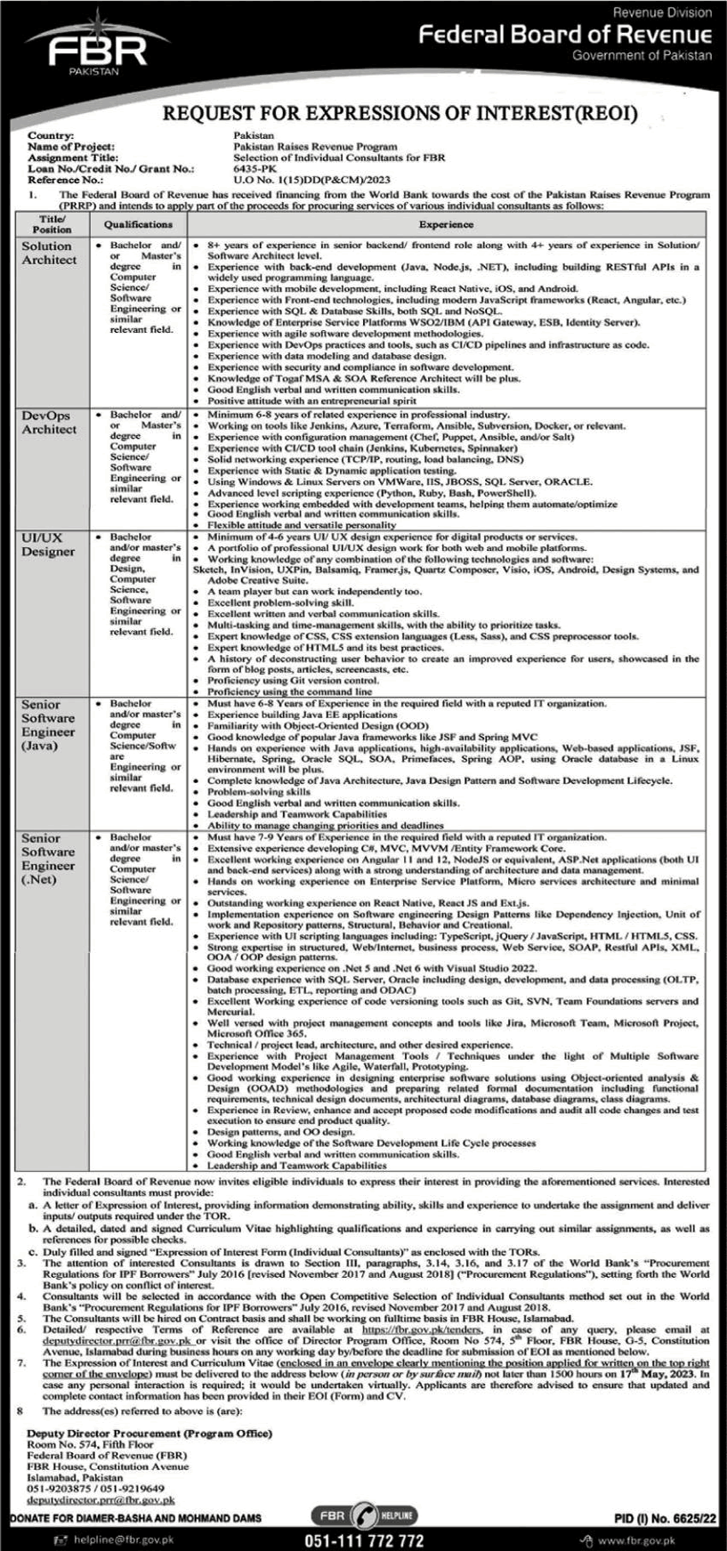 FBR Jobs April 2023 May Software Engineers & Others Federal Board of Revenue Latest