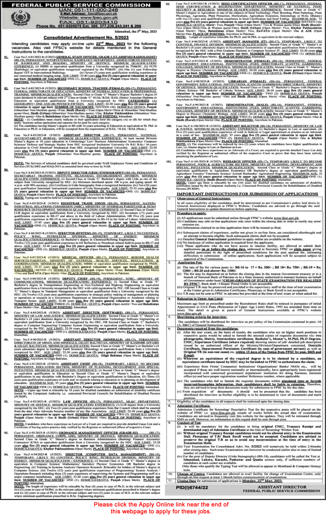 Medical Officer Jobs in Border Health Services Pakistan 2023 May FPSC Online Apply Latest
