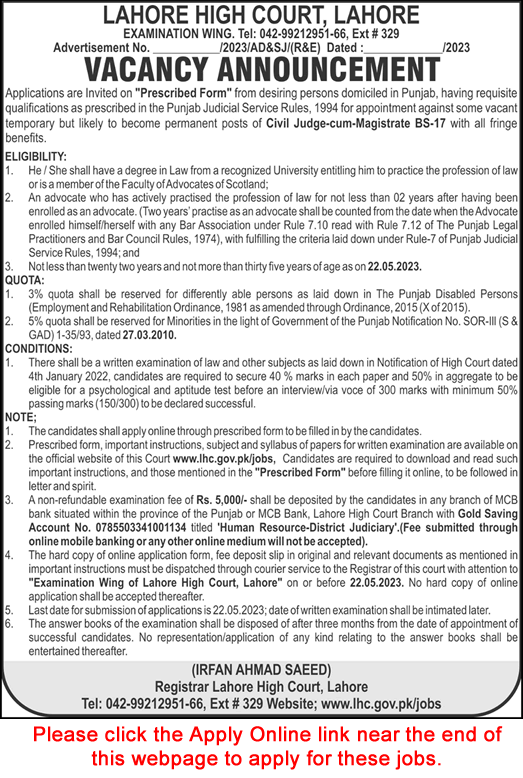 Civil Judge cum Magistrate Jobs in Lahore High Court 2023 May Apply Online Latest