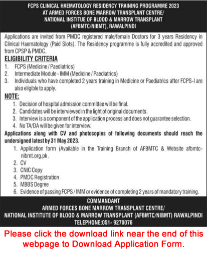 Armed Forces Bone Marrow Transplant Centre Rawalpindi FCPS Residency Training Program 2023 May Application Form Latest