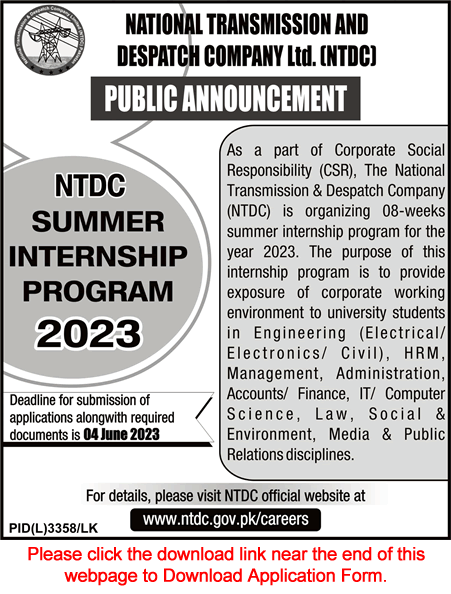 NTDC Summer Internship Program May 2023 Application Form WAPDA Latest