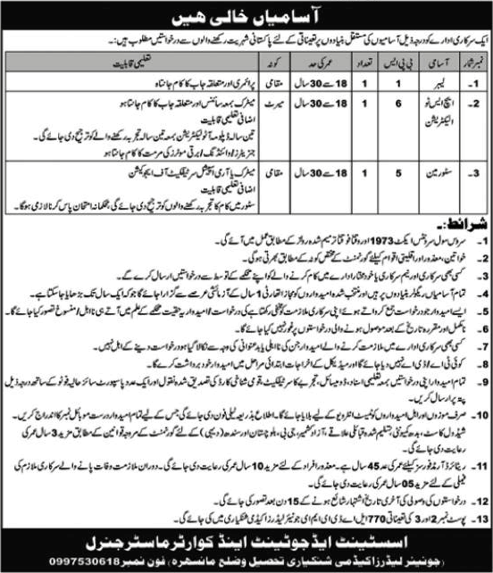 Junior Leaders Academy Shinkiari Jobs 2023 May / June Mansehra Storeman, Electrician & Labour Latest