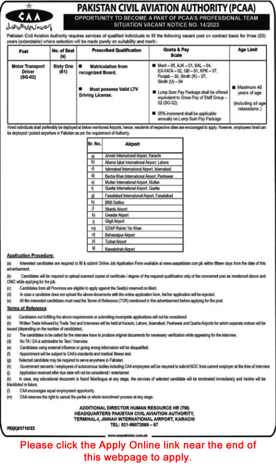 Driver Jobs in Pakistan Civil Aviation Authority June 2023 July Apply Online PCAA Latest