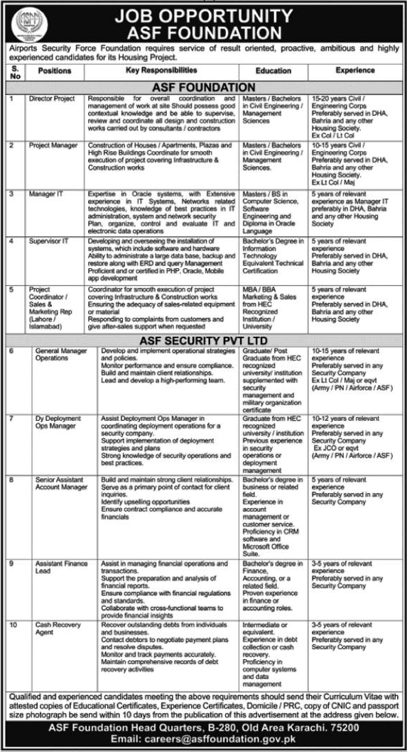ASF Foundation Jobs June 2023 July IT Manager / Supervisors & Others Airport Security Force Latest