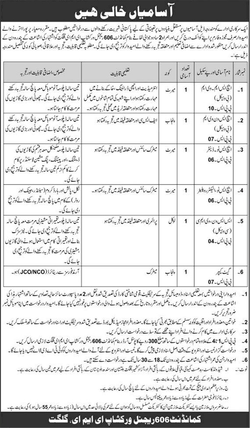 606 Regional Workshop EME Gilgit Jobs 2023 July Highly Skilled, HS, & Others Pak Army Latest