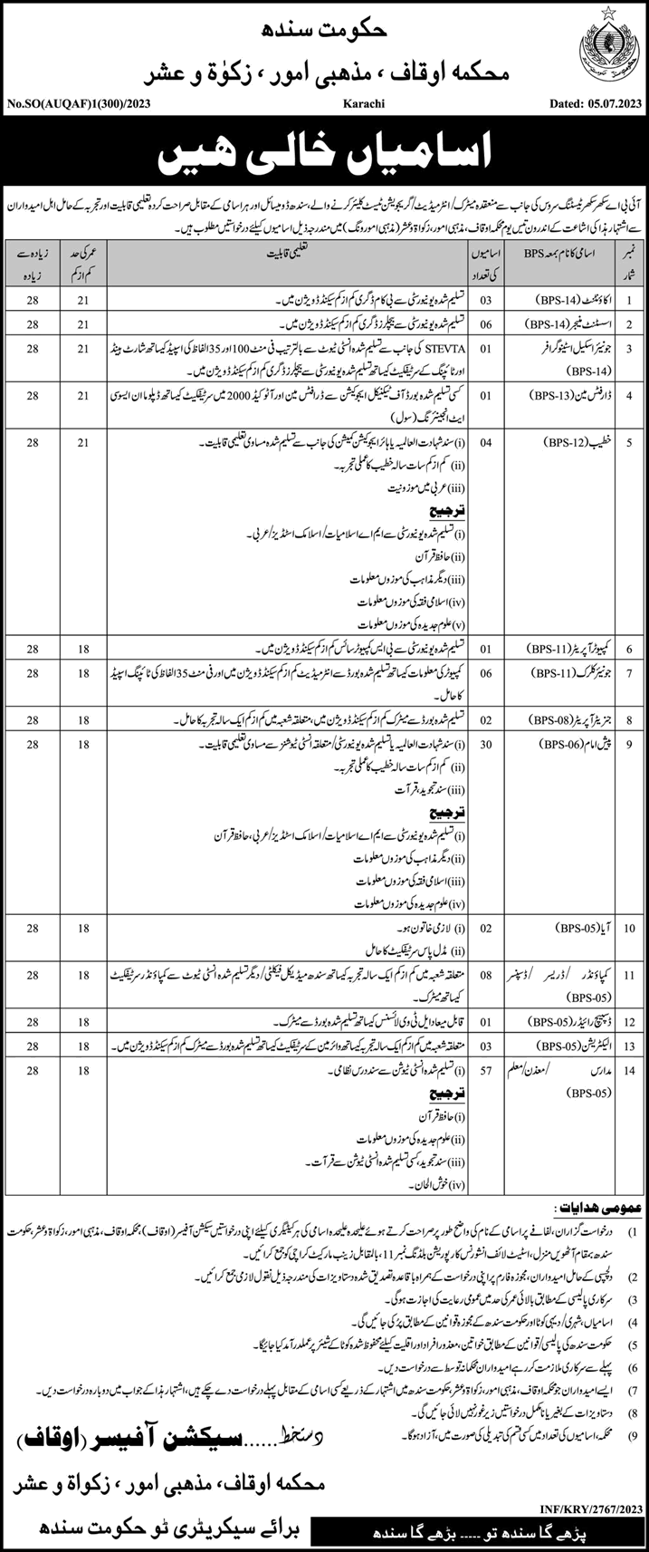 Auqaf Religious Affairs Zakat and Ushr Department Sindh Jobs 2023 July Muazzin, Pesh Imam & Others Latest