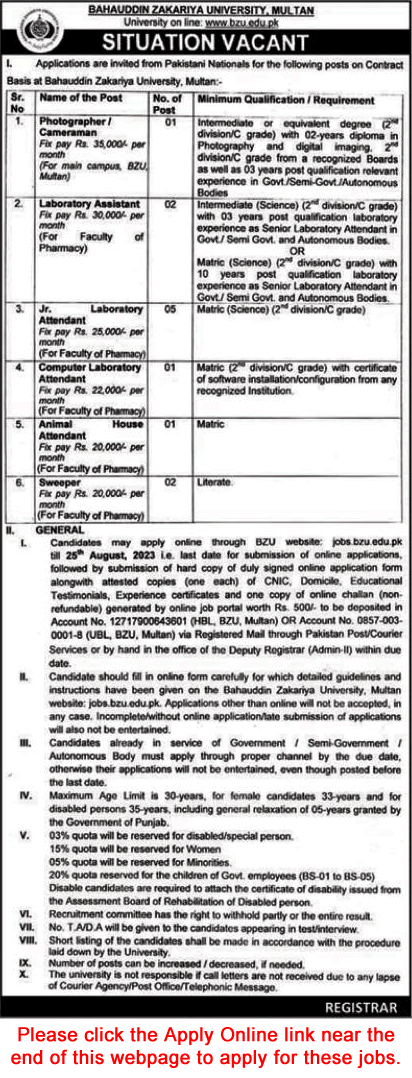 Bahauddin Zakariya University Multan Jobs 2023 August Apply Online Lab Attendants / Assistants & Others Latest