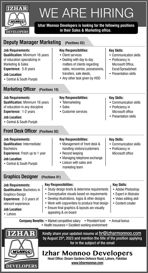 Izhar Monnoo Developments Punjab Jobs 2023 August Marketing Officers & Others Latest