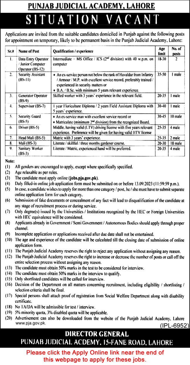 Punjab Judicial Academy Lahore Jobs 2023 August Apply Online Mali, Security Guards & Others Latest