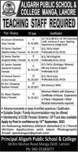 Aligarh Public School and College Lahore Jobs September 2023 Lecturers & Teachers Latest