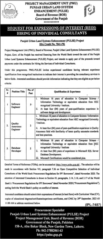 Board of Revenue Punjab Jobs September 2023 Software Engineers & Others PMU PULSE Latest