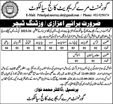 Visiting Faculty Jobs in Government Murray Graduate College Sialkot 2023 September Latest