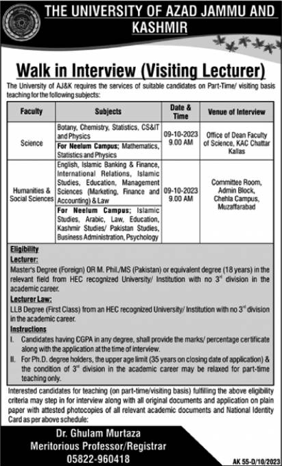 Visiting Lecturer Jobs in University of AJK 2023 October Walk in Interview Latest