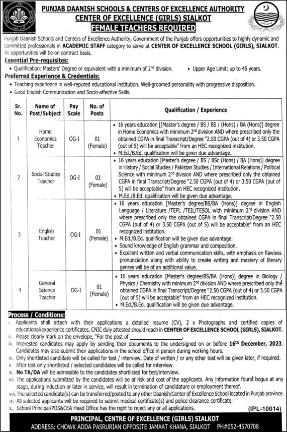 Danish School Sialkot Jobs November / December 2023 Teachers in Center of Excellence (Girls) Latest