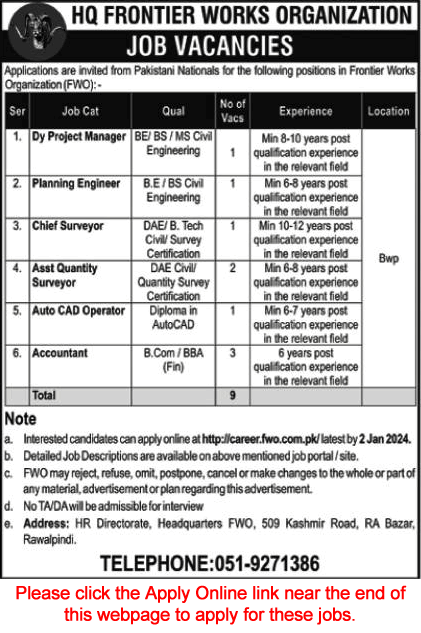 FWO Jobs December 2023 Online Apply Frontier Works Organization Bahawalpur Latest