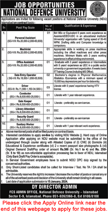 National Defence University Islamabad Jobs 2023 December 2024 Apply Online Latest