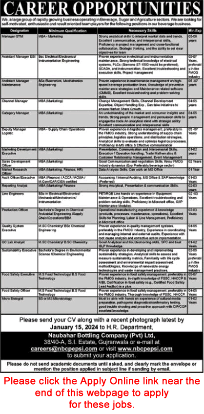 Naubahar Bottling Company Gujranwala Jobs December 2023 / 2024 Apply Online NBC Pepsi Latest