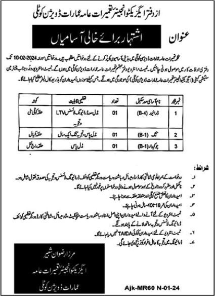 Buildings Division Kotli Jobs 2024 Driver, Chowkidar & Cook Latest