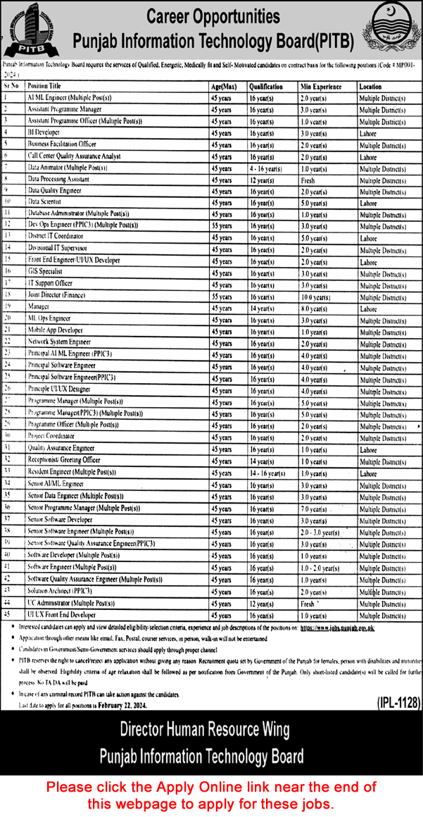 PITB Jobs 2024 February Online Apply Punjab Information Technology Board Latest