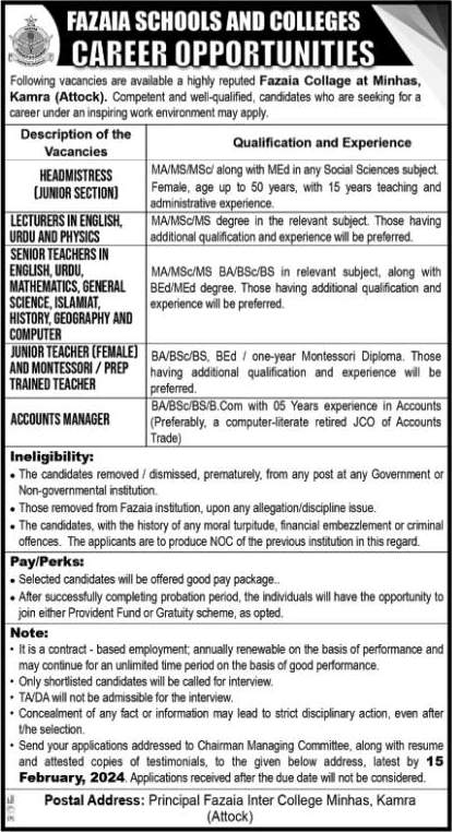 Fazaia School and Colleges Minhas Kamra Jobs February 2024 Teachers & Others Latest