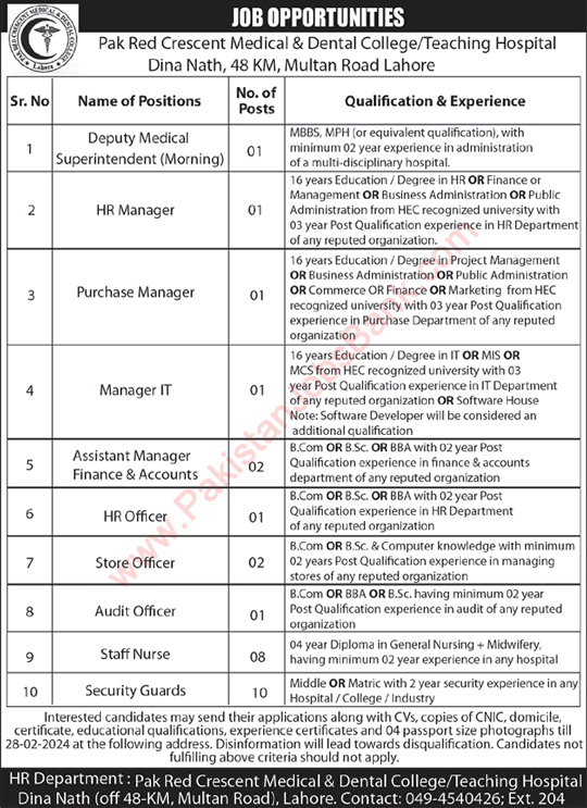 Pak Red Crescent Medical and Dental College Lahore Jobs 2024 February Security Guards, Staff Nurses & Others Latest