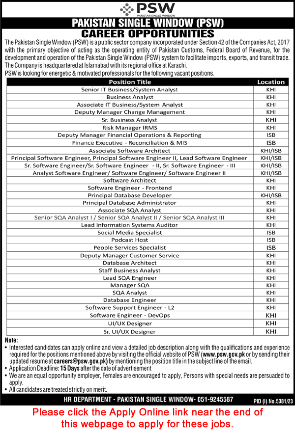 Pakistan Single Window (PSW) Jobs March 2024 Islamabad & Karachi Online Apply Latest