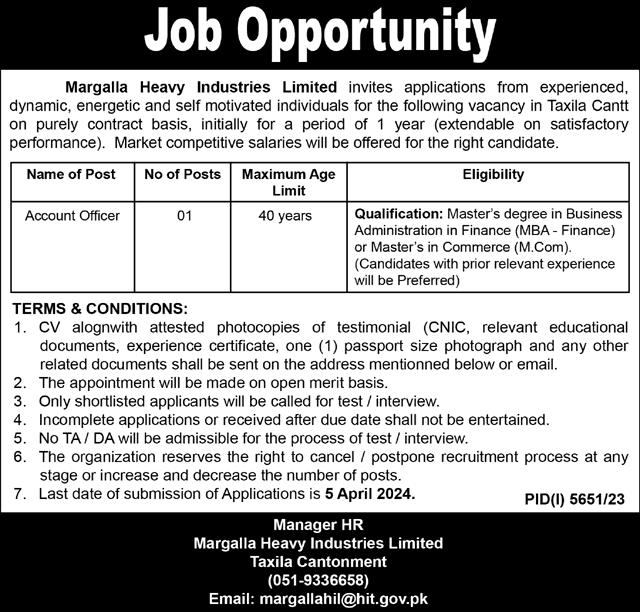 Account Officer Jobs in Taxila March 2024 Margalla Heavy Industries Limited Latest