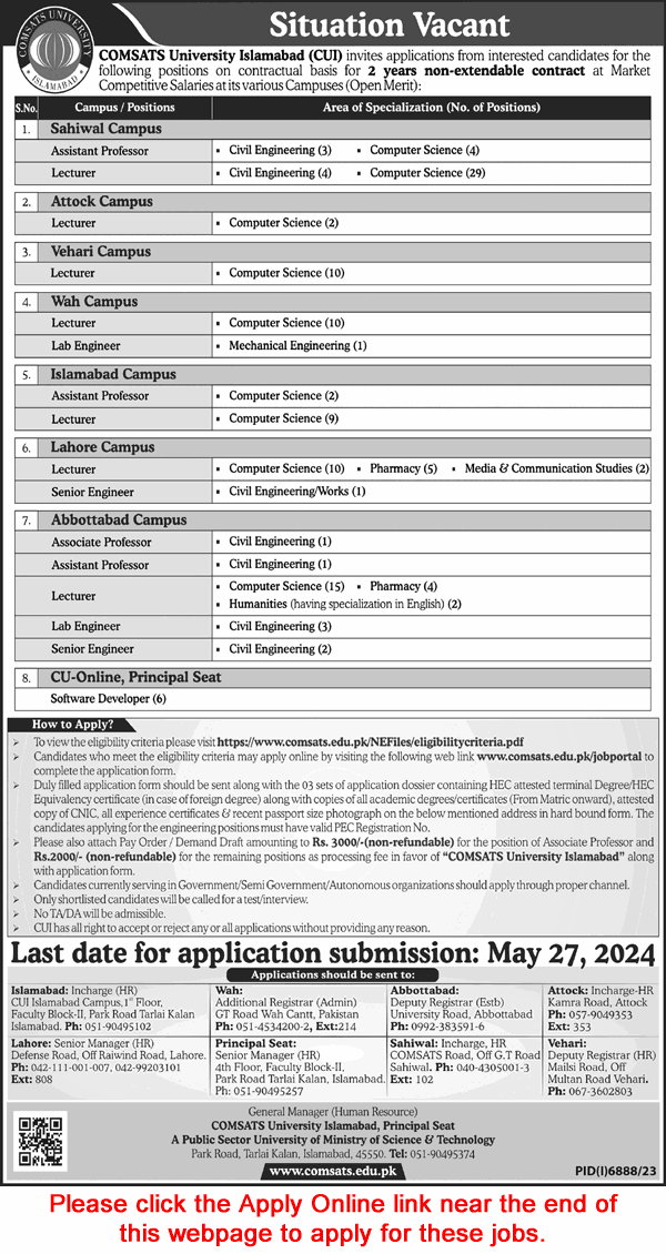 COMSATS University Jobs May 2024 Apply Online Teaching Faculty, Lab / Senior Engineers & Software Developers Latest