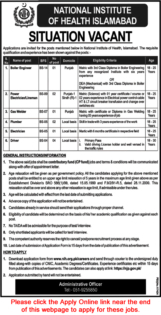 National Institute of Health Islamabad Jobs 2024 August Apply Online Drivers, Electricians & Others NIH Latest