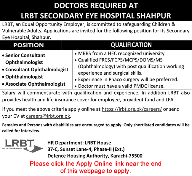 LRBT Secondary Eye Hospital Shahpur Jobs 2025 April Apply Online Medical Consultants / Specialists Latest