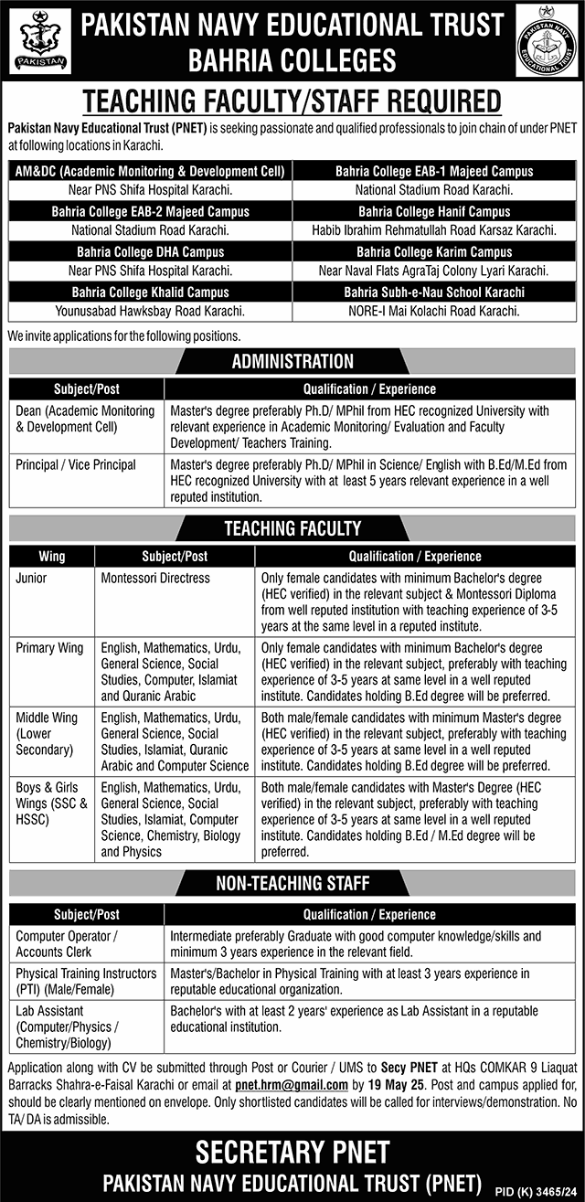 Pakistan Navy Educational Trust Jobs May 2025 Teaching Faculty & Others PNET Bahria Colleges Latest