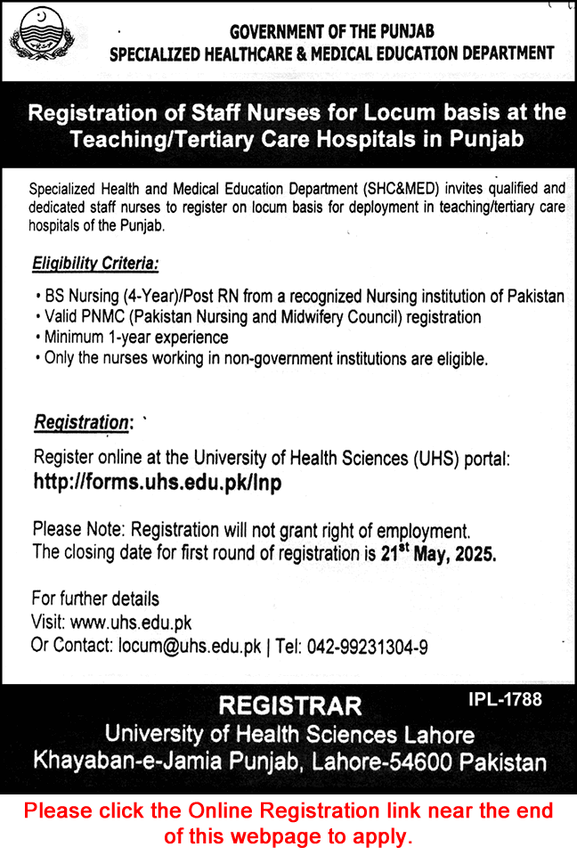 Staff Nurse Jobs in Specialized Healthcare and Medical Education Department Punjab May 2025 Apply Online Latest