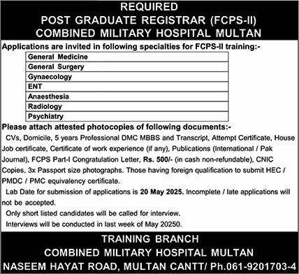 CMH Multan FCPS-II Postgraduate Training 2025 May Registrars Combined Military Hospital Latest