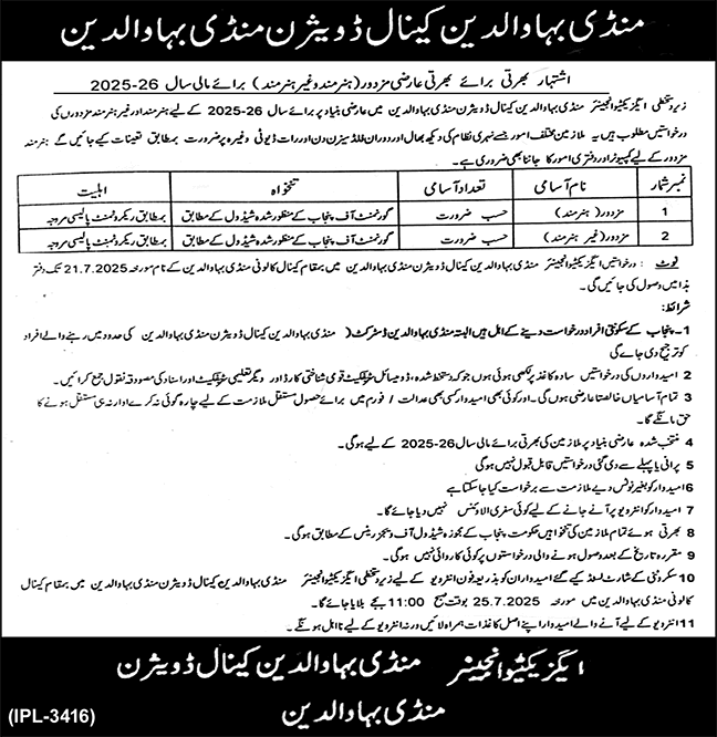 Mazdoor / Baildar Jobs in Canal Division Mandi Bahauddin 2025 July Irrigation Department Latest