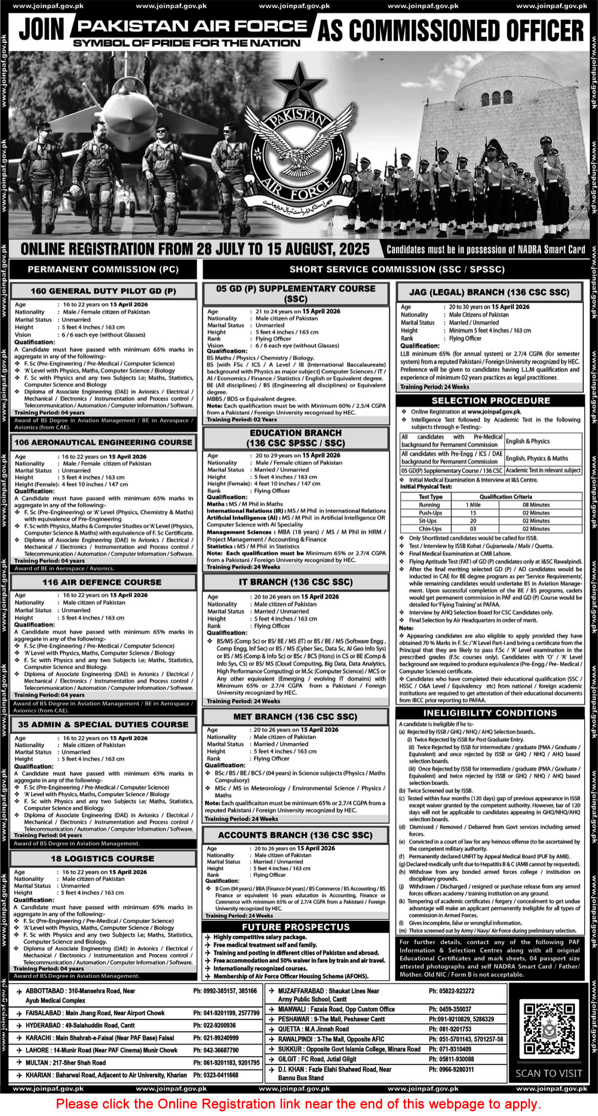 Join Pakistan Air Force as Commissioned Officer July 2025 August Online Registration SSC, SPSSC & Permanent Commission Latest
