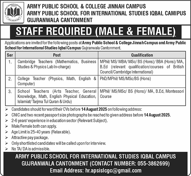 Army Public School and College Gujranwala Jobs August 2025 Teachers at Jinnah & Iqbal Campuses Latest