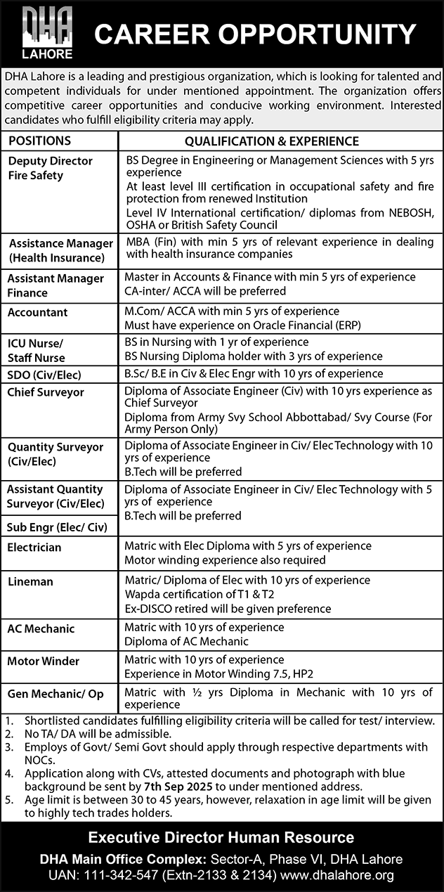 DHA Lahore Jobs August 2025 Assistant Managers, SDO, Nurses & Others Defence Housing Authority Latest