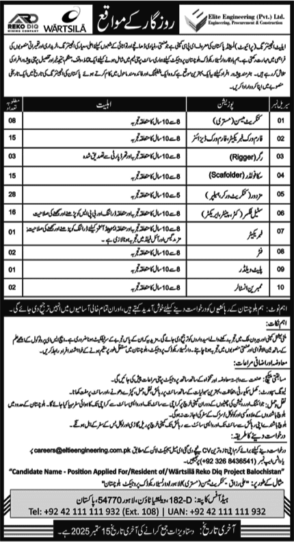 Elite Engineering Pvt Ltd Pakistan Jobs August 2025 September Mazdoor, Steel Fixer & Others Latest