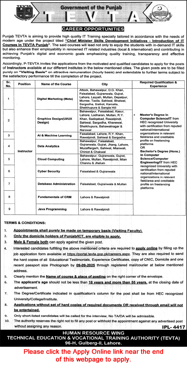Instructor jobs in TEVTA Punjab August 2025 September Apply Online Technical Education and Vocational Training Authority Latest