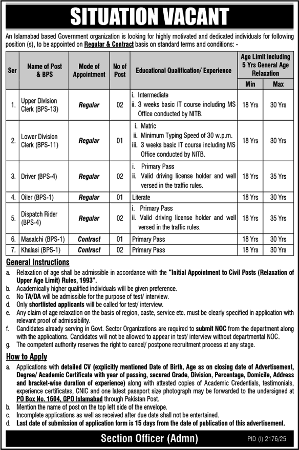 PO Box 1604 GPO Islamabad Jobs 2025 September Clerks, Drivers & Others Government Organization Latest