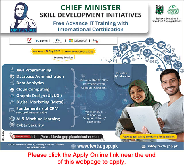 TEVTA Free Advance IT Training Program 2025 September Apply Online CM Punjab Skill Development Initiative Latest