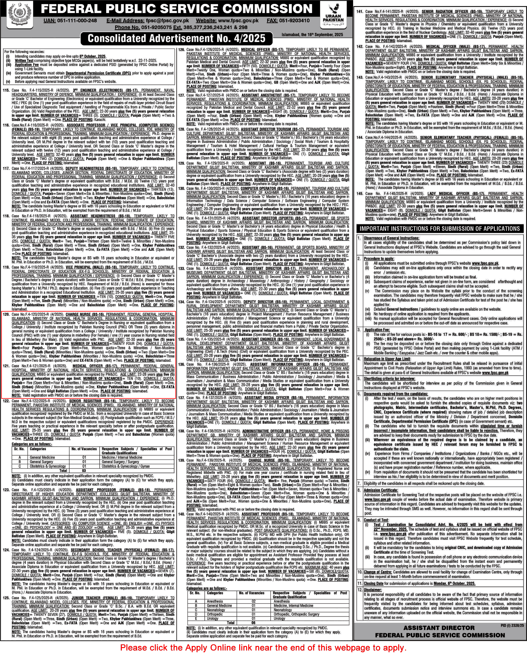 Federal General Hospital Islamabad Jobs 2025 September FPSC Apply Online Medical Officers & Charge Nurses Latest