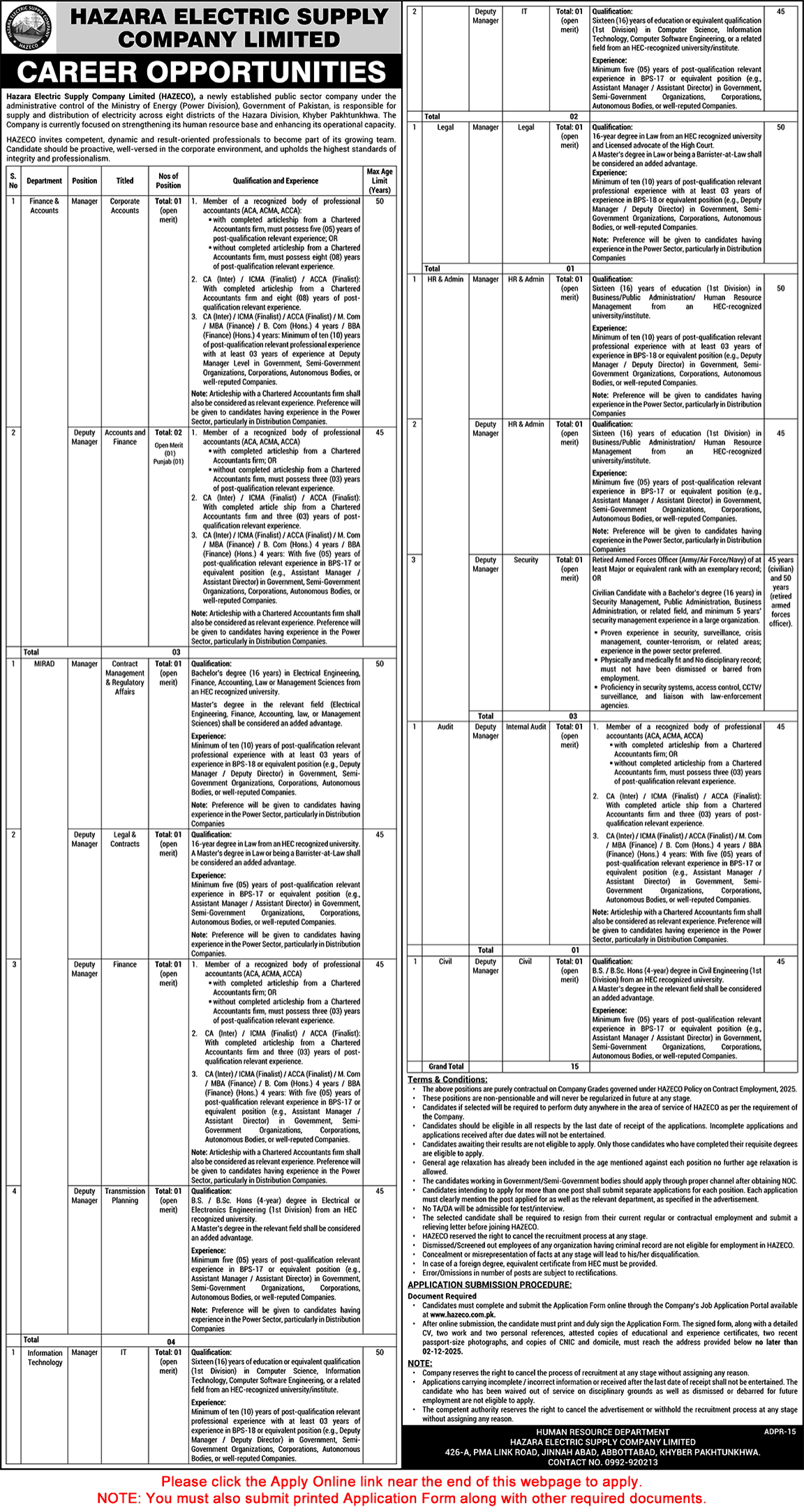 Deputy / Manager Jobs in HAZECO November 2025 WAPDA Online Application Form Latest