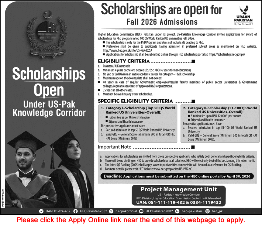 HEC Overseas PhD Scholarships November 2025 Apply Online US Pakistan Knowledge Corridor Latest