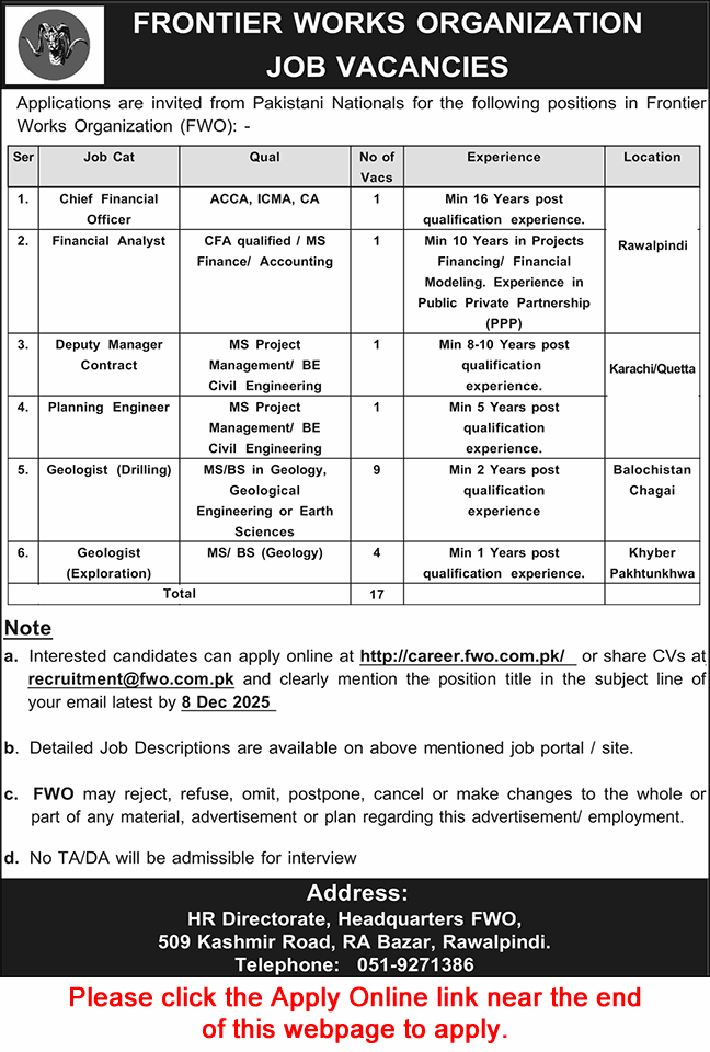 FWO Jobs November 2025 Apply Online Geologists & Others Frontier Works Organization Latest