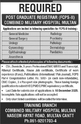 CMH Multan FCPS-II Postgraduate Training November 2025 Registrars Combined Military Hospital Latest