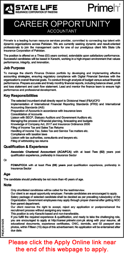 Accountant Jobs in State Life Insurance Corporation of Pakistan Karachi November 2025 SLIC Apply Online Latest